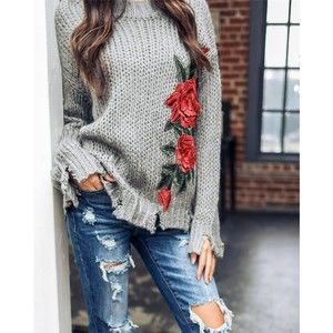 Emory Park Long Sleeve Sweater Distressed Rose Appliqué Small